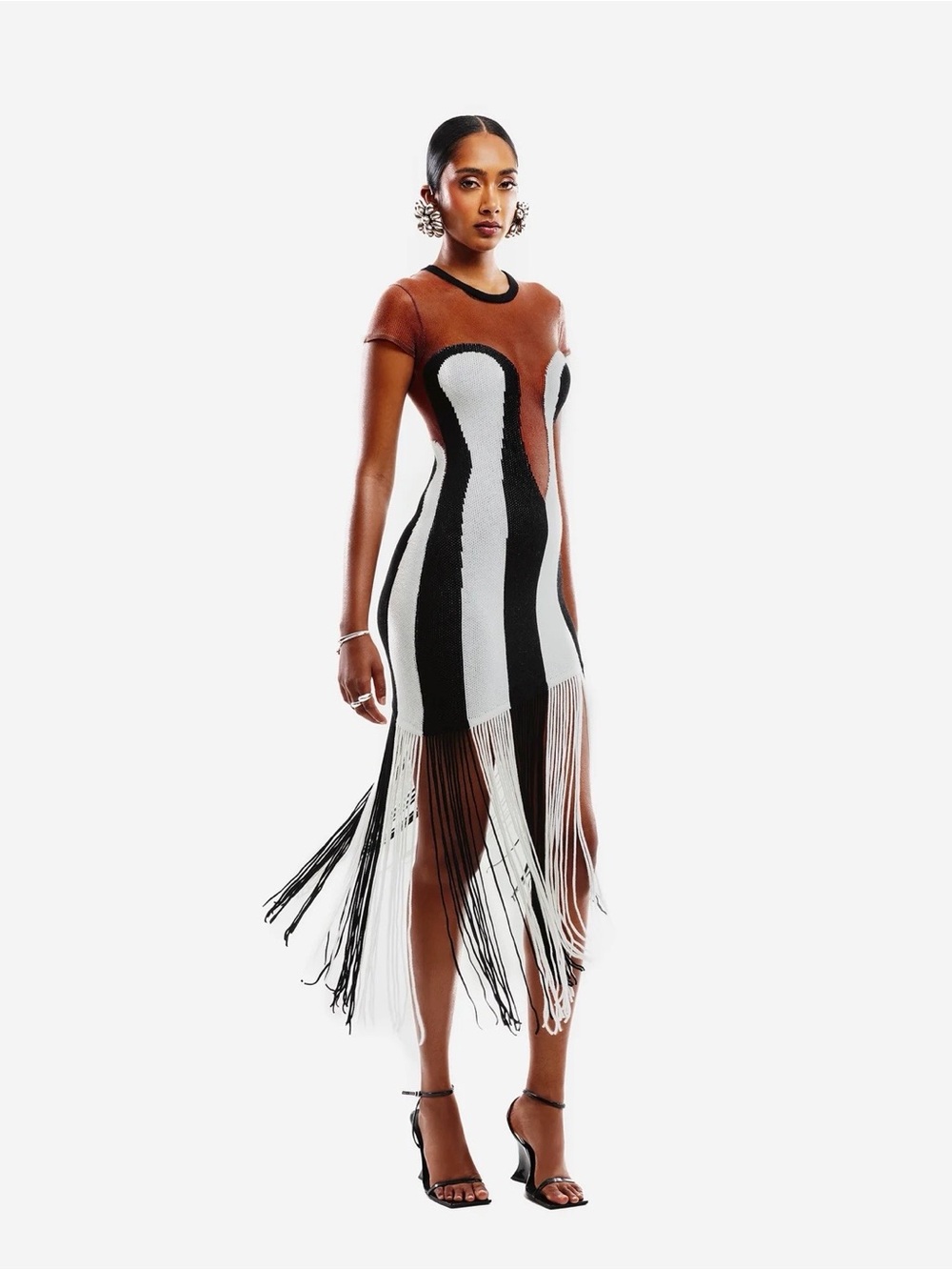 Hanifa Brown, Black & White Fringe Paneled Knit Mini Dress
